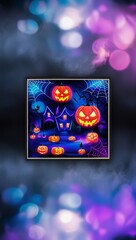 glowing jack-o'-lanterns set against a dark background with haunted house and spider web. pumpkins illuminated in orange and purple hues. Halloween greeting card