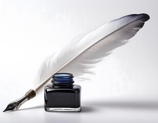 A classic white quill pen next to an ink bottle on a white background