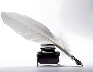 A classic white quill pen next to an ink bottle on a white background