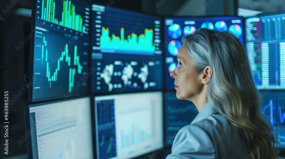 Aufkleber a female senior data scientist analyzing big data graphs on multiple monitors. concept technology, d
