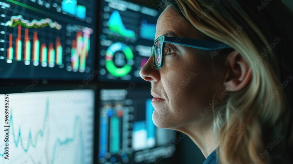 Poster a female senior data scientist analyzing big data graphs on multiple monitors. concept technology, d