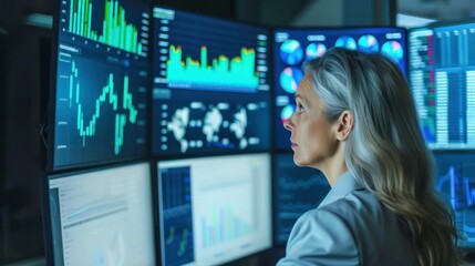 A female senior data scientist analyzing big data graphs on multiple monitors. Concept Technology, Data Analysis, Senior Professional, Big Data, Analytics 