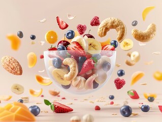 Different fruits and nuts float in the air