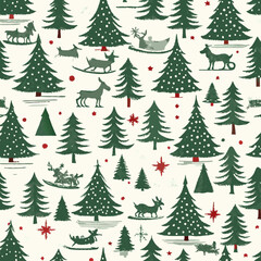 Vintage Christmas pattern with reindeer, trees, snowflakes, and festive sleigh rides

