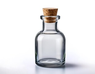 A clear glass potion bottle with a cork stopper, isolated on a white background