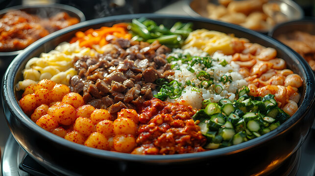 A dynamic street food scene with a vendor preparing Shabu Shabu in a busy market.