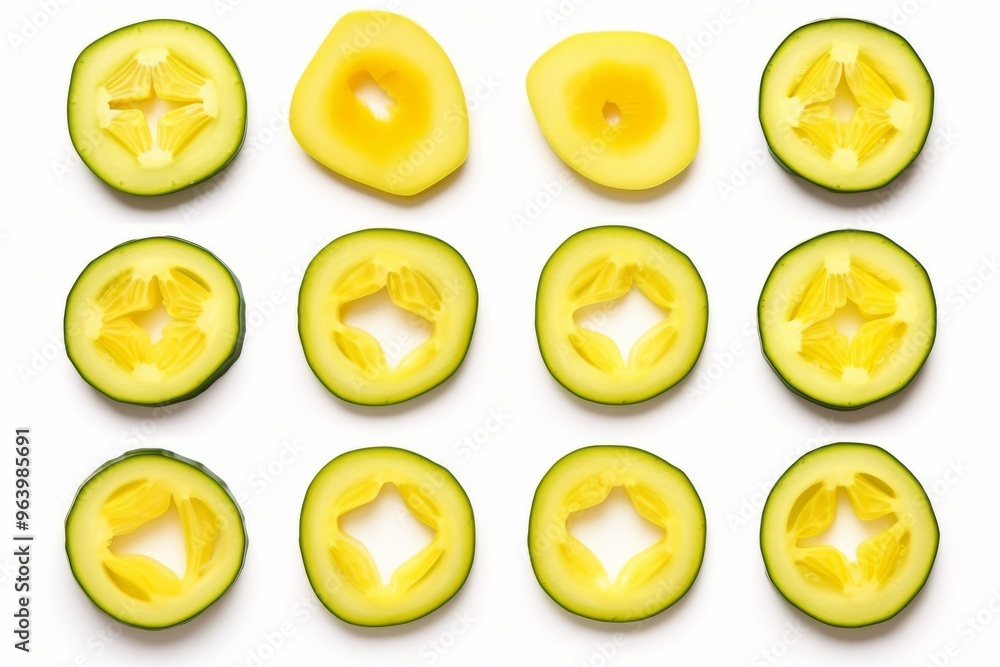 Poster colorful cucumber and squash slices arranged neatly on a white background