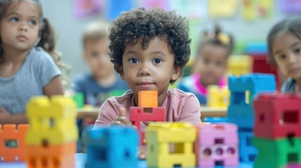 Diverse kindergarten class of children learning and playing with colorful blocks. Concept Kindergarten, Diverse, Children, Learning, Playing 
