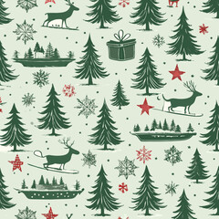 Vintage Christmas pattern with reindeer, trees, snowflakes, and festive sleigh rides

