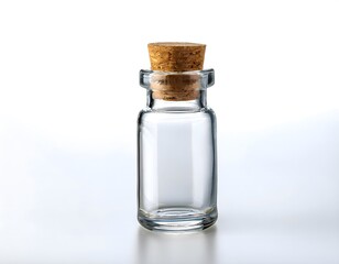 A miniature glass vial with a cork stopper, displayed on a white background