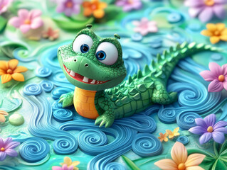 Whimsical Claymation Alligator in Vibrant Pastel Waves - 3D Animation Cartoon