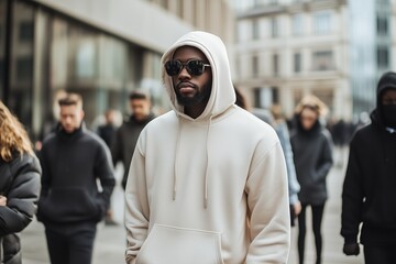Man wearing blank beige hoodie
