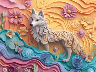 Whimsical Claymation 3D Wolf Surrounded by Vibrant Waves and Flowers