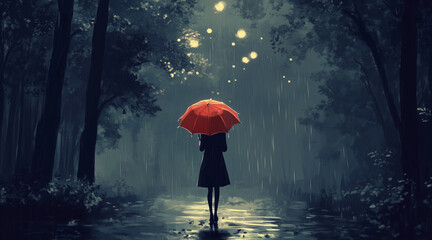 Lonely anime style girl holding umbrella and standing, walking in the forest by the roadside in the rain, back view. Relaxing atmosphere, jazz, coffee, music, animated desktop wallpaper background