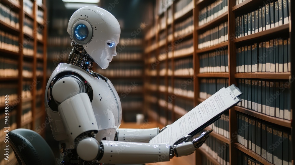 Aufkleber robot reading a book in a library filled with shelves of books, symbolizing ai and knowledge