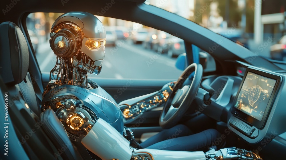 Poster futuristic robot driving autonomous car in urban setting with advanced technology and artificial int