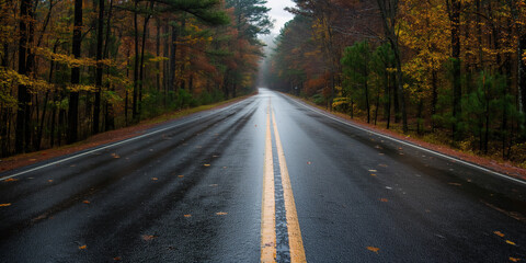 A straight asphalt road in the middle of forest in the rainy weather.
