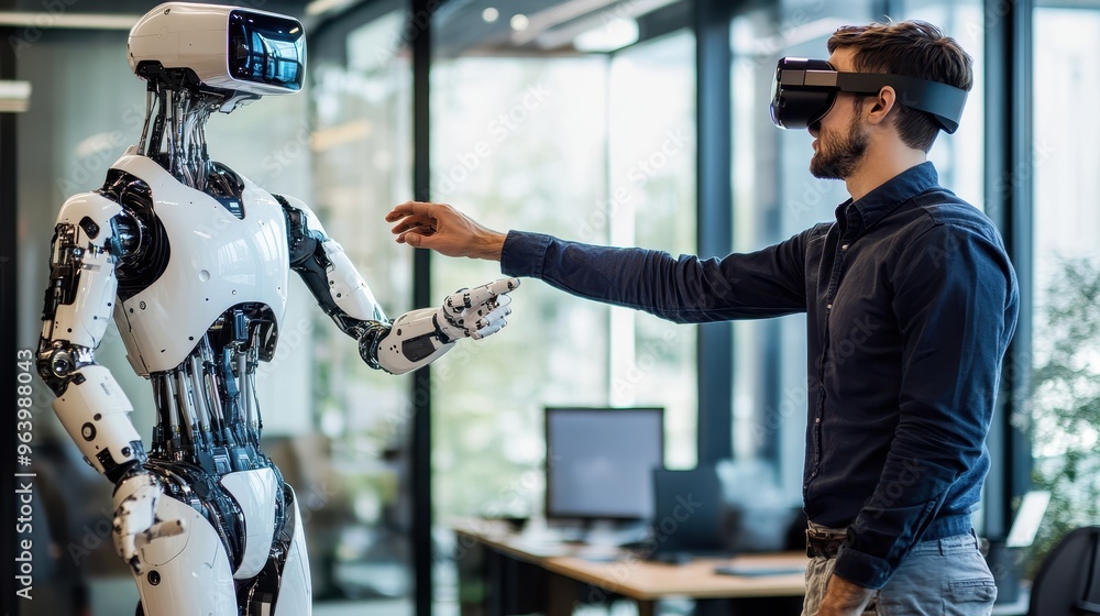 Poster man interacting with humanoid robot using virtual reality in modern office setting