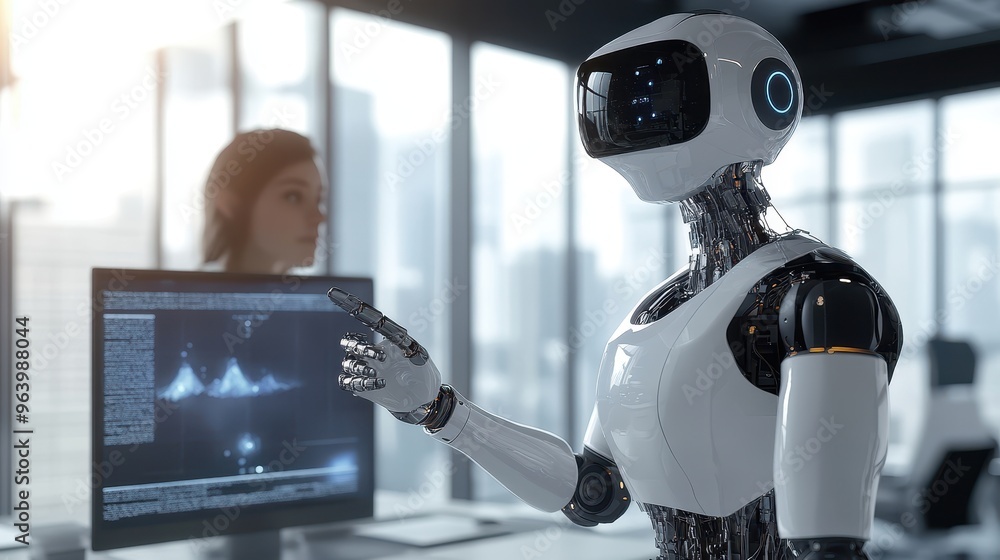 Poster futuristic robot interacting with computer in modern office setting with colleague in background