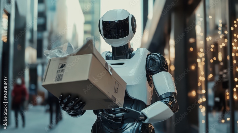 Poster futuristic robot delivering package in modern urban setting with blurred background