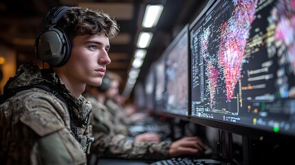 Obraz premium Engineers Monitoring a Hybrid Warfare Network with Cybersecurity Indicators