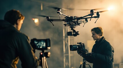 Professional Filmmakers Using High-Tech Drones and Cameras on a Movie Set with Atmospheric Lighting