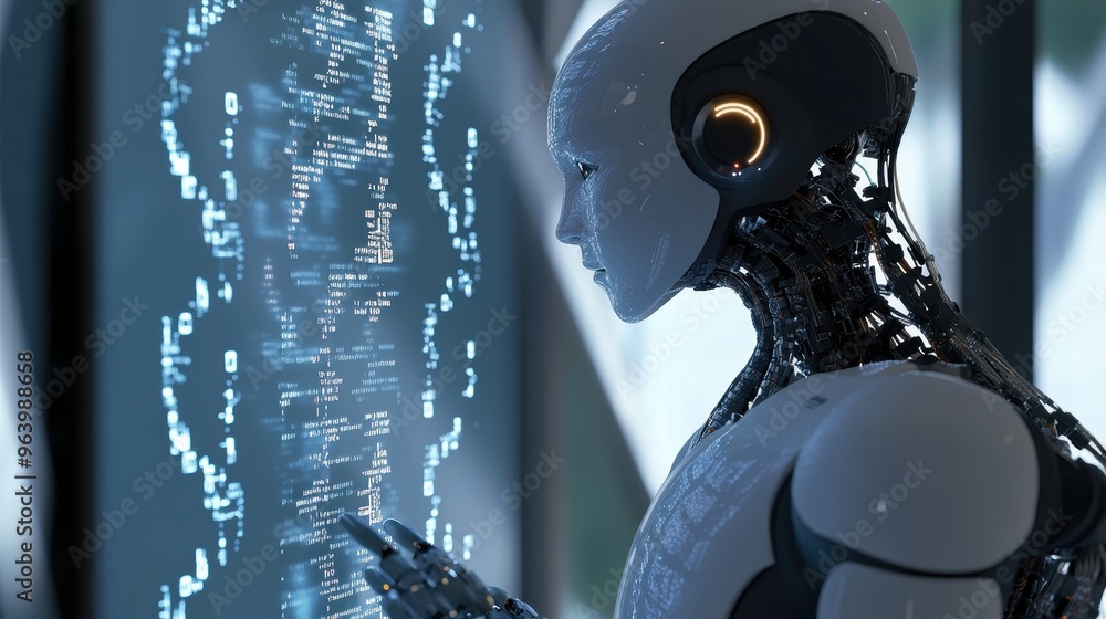 Poster futuristic robot analyzing data on a digital screen in a high-tech environment