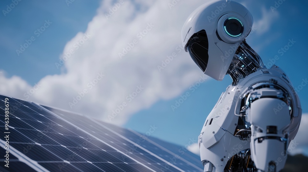 Poster futuristic robot inspecting solar panels under a clear sky with clouds in the background