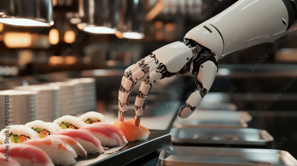 Poster robotic hand picking sushi in a modern restaurant setting showcasing advanced technology and automat