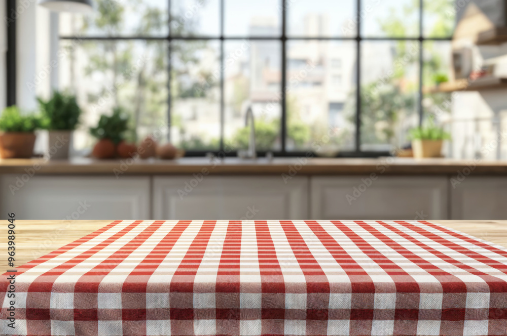 Poster empty wooden table with red gingham tablecloth in front of blurred kitchen background. high quality 