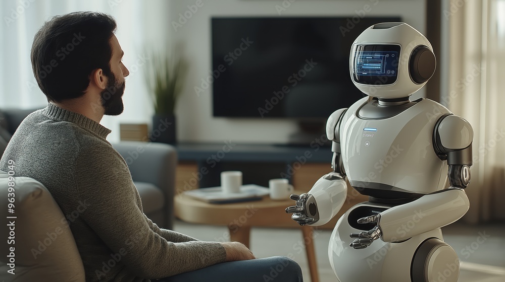 Aufkleber man interacting with humanoid robot in modern living room setting, showcasing advanced ai technology