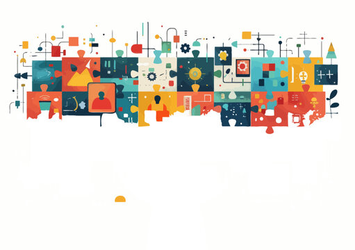 Creative Conceptual Web Design for Business Success with Puzzles and Hands, Minimalistic Vector Illustration Representing Strategy, Problem Solving, and Teamwork, Vibrant Colorful Graphic Elements