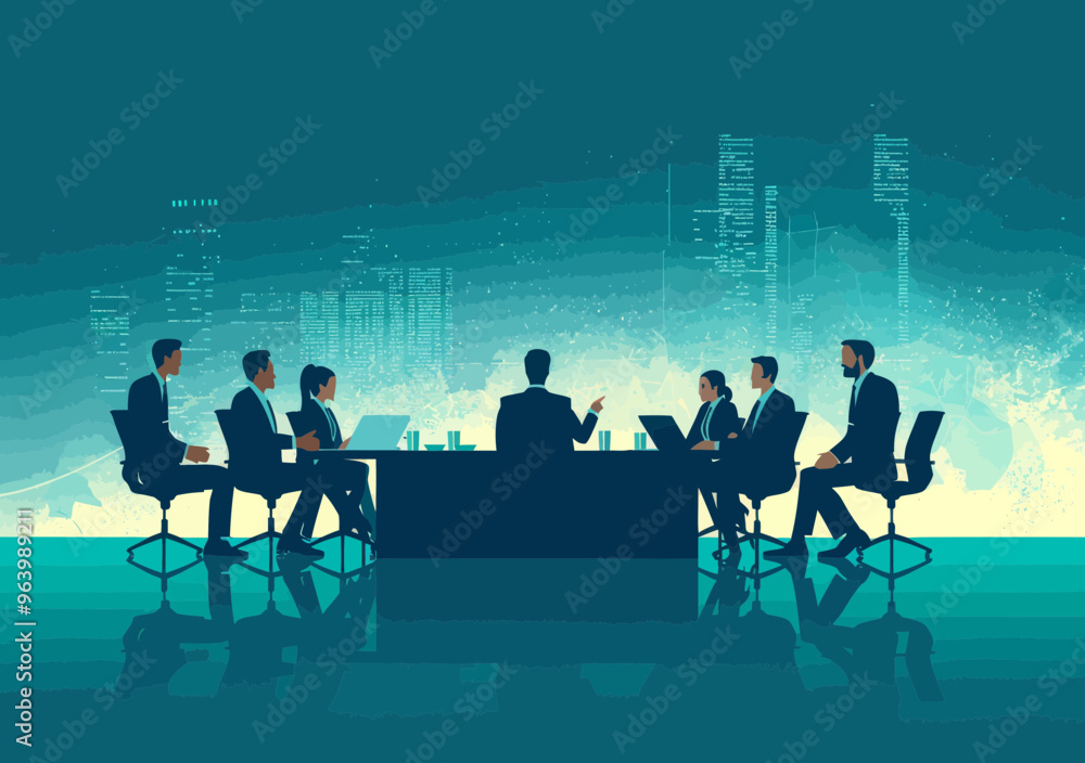 Aufkleber business team meeting illustration with manager pointing at text, team members sit around a table di