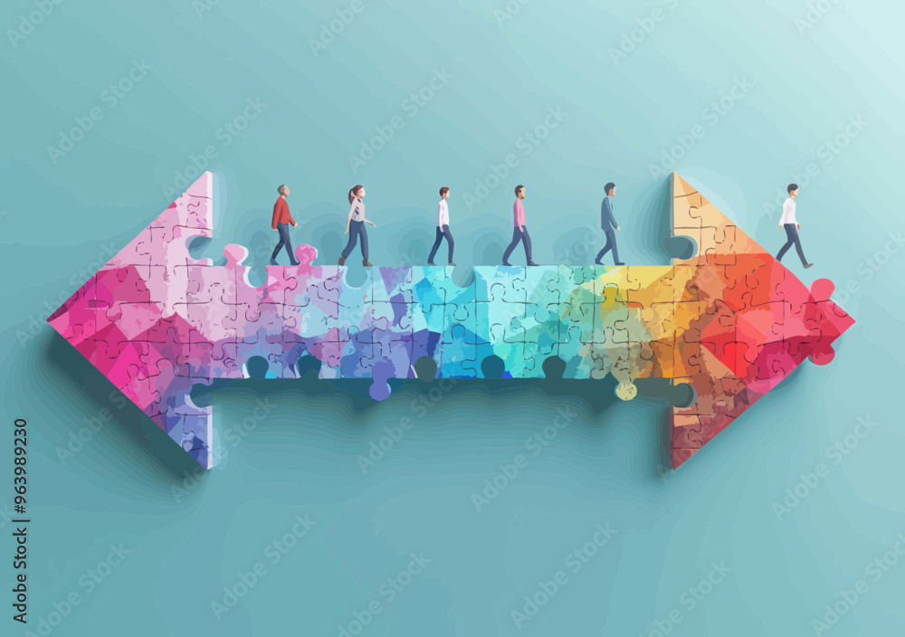 Poster team collaboration concept: people assembling puzzle pieces to form arrow pointing forward for succe