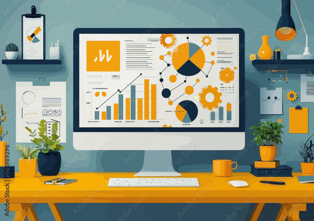 Aufkleber modern workspace with business data on computer screen and trend analysis charts for strategic plann