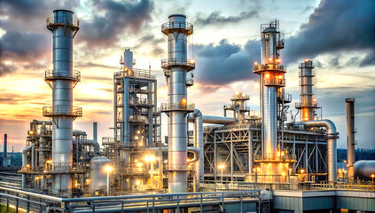 A large oil refinery or chemical plant includes multiple tall, cylindrical towers and interconnected pipes, with a complex network of metal structures and platforms