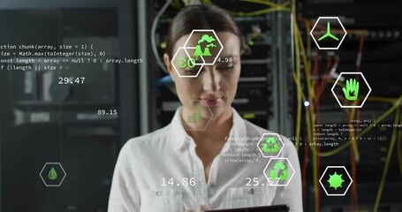 Animation of eco icons and data processing over caucasian businesswoman by computer servers - Powered by Adobe
