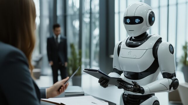 Futuristic Robot Interacting with Businesswoman in Modern Office Environment