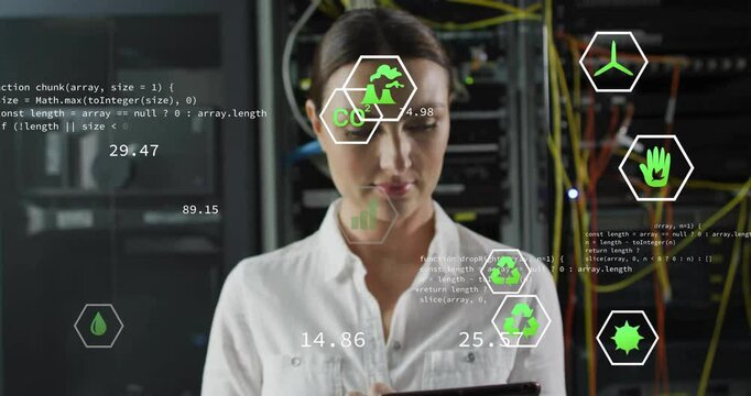 Animation of eco icons and data processing over caucasian businesswoman by computer servers