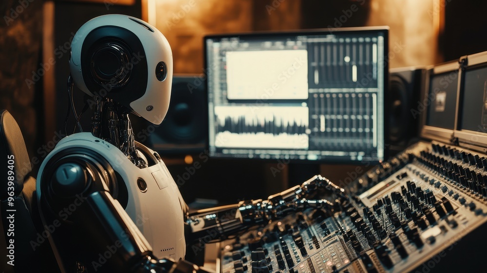 Poster futuristic robot operating audio mixing console in modern recording studio with advanced technology
