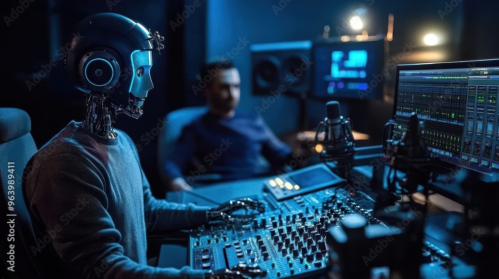 Poster futuristic robot working in music studio with sound engineer in background, high-tech audio equipmen