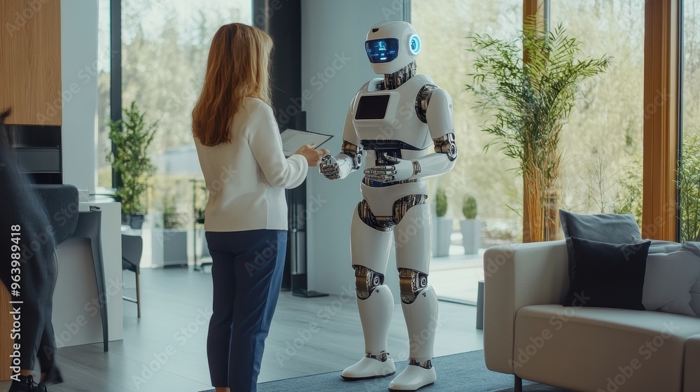 Aufkleber human and robot interaction in modern home environment with large windows and natural light