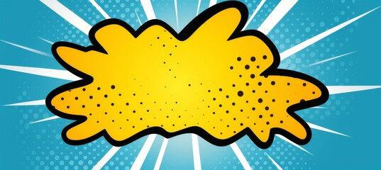 Bright yellow comic-style speech bubble with dotted texture and blue burst background