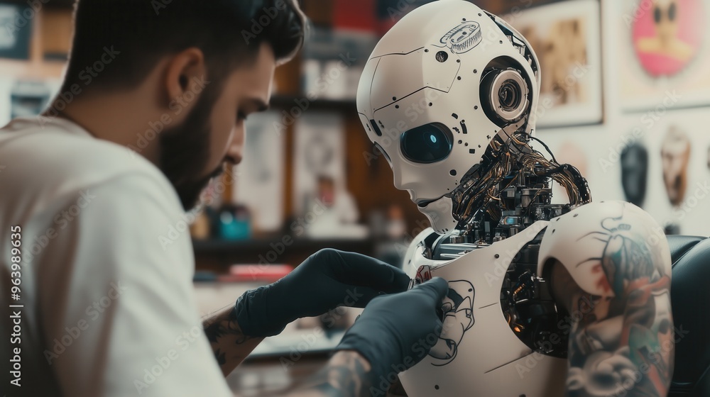 Poster technician working on advanced humanoid robot in a workshop setting with detailed tattoos and futuri