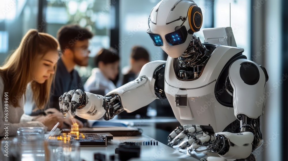 Poster futuristic robot assisting students in modern classroom setting with advanced technology and ai inte
