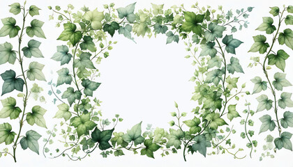 Fototapeta premium A light and airy watercolor illustration of a rectangular frame made of delicate green ivy leaves and vines