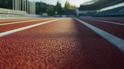 Close-Up View of a Red Running Track in an Outdoor Stadium with Lanes Marked