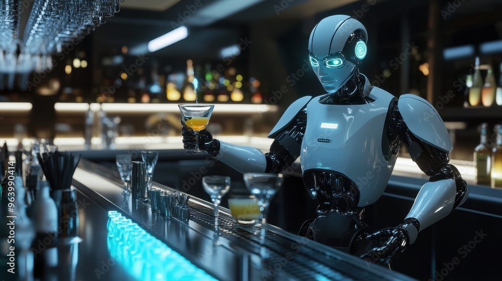 Poster futuristic robot bartender mixing drinks in a modern bar with advanced technology and ambient lighti