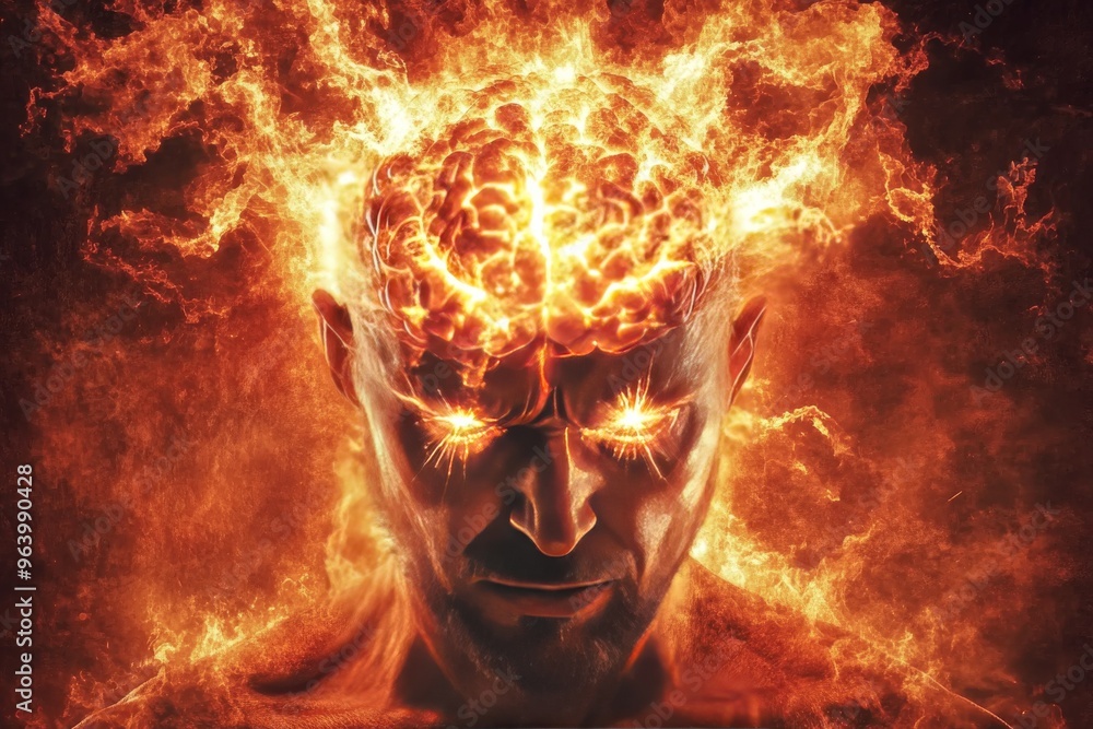Poster neocortex brain circuit and neural oscillation male head engulfed in fiery neural patterns symbolizi