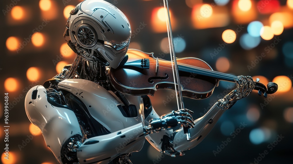Poster futuristic robot playing violin in a modern setting with bokeh lights in the background